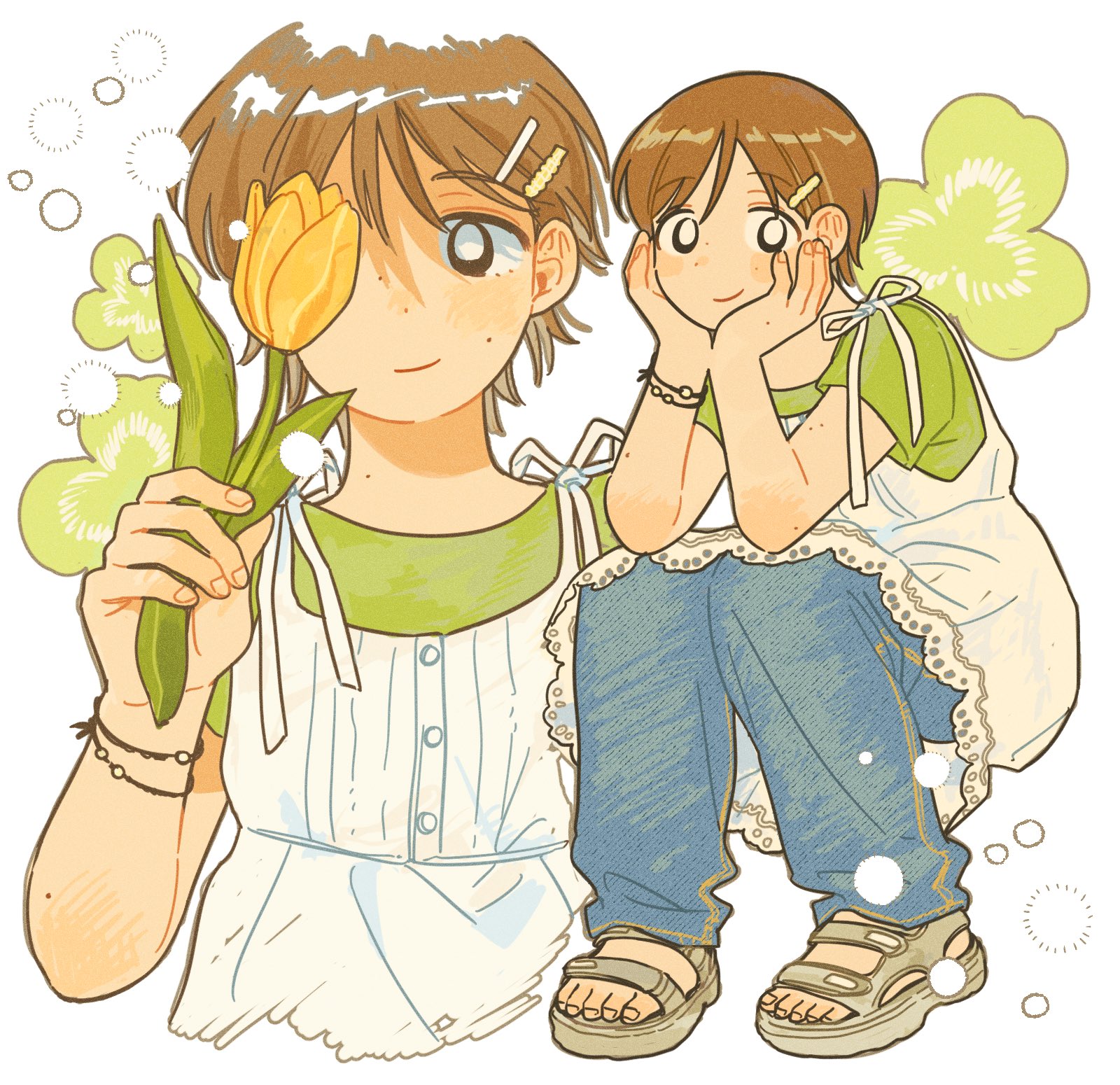 sihyun25, original, highres, 1girl, black eyes, blue pants, bright pupils, brown hair, closed mouth, denim, flower, green shirt, grey sandals, hair ornament, hairclip, hands on own cheeks, hands on own face, holding, holding flower, jeans, pants, sandals, shirt, short hair, short sleeves, smile, solo, t-shirt, white pupils