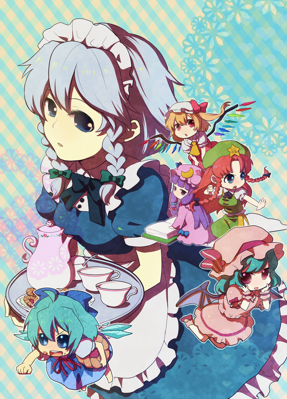 kanan (karehane), cirno, flandre scarlet, hong meiling, izayoi sakuya, patchouli knowledge, remilia scarlet, embodiment of scarlet devil, touhou, highres, 6+girls, blonde hair, blue eyes, blue hair, braid, long hair, multiple girls, one side up, purple eyes, purple hair, red eyes, red hair, short hair, side ponytail, steamed bun, twin braids