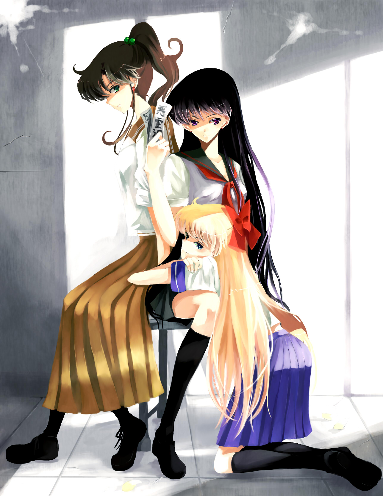 nako, nako (nonrain), aino minako, hino rei, kino makoto, bishoujo senshi sailor moon, bad id, bad pixiv id, highres, 1990s (style), 3girls, black hair, blonde hair, bow, brown hair, chair, kneehighs, long hair, multiple girls, ofuda, ponytail, red bow, school uniform, serafuku, sitting, socks