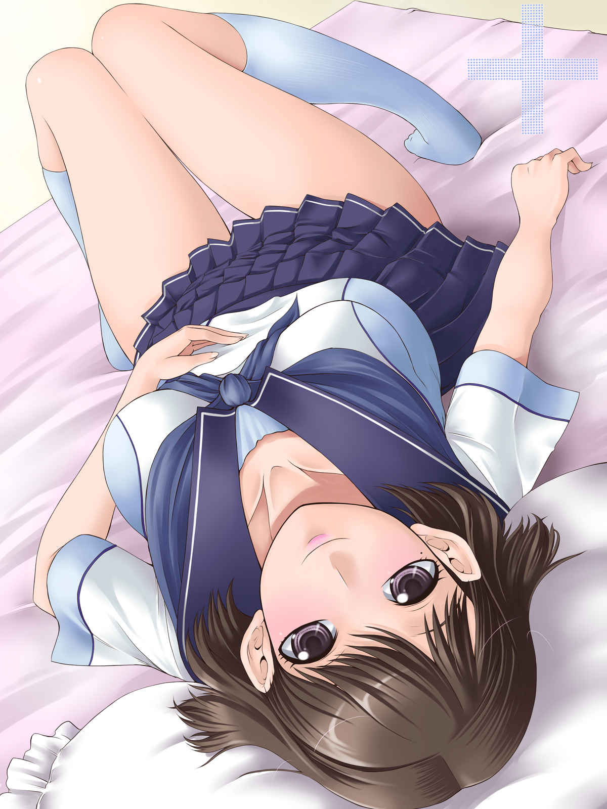 yaso shigeru, anegasaki nene, love plus, highres, 1girl, blush, breasts, brown hair, female focus, grey eyes, lips, lying, medium breasts, mole, mole under eye, pillow, school uniform, socks, solo