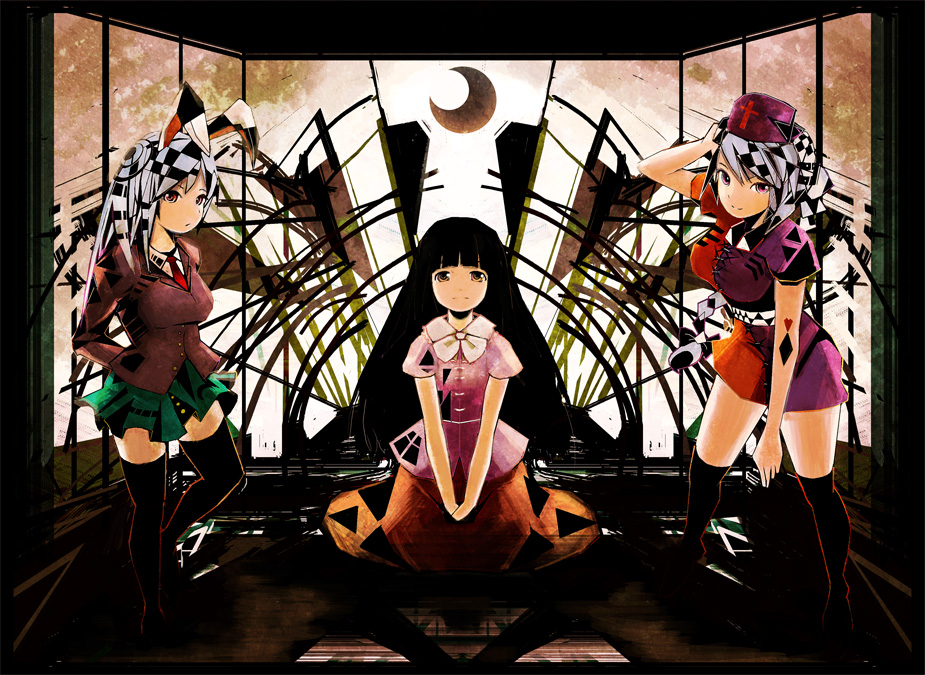 kuro (catcap), houraisan kaguya, kamin, reisen udongein inaba, yagokoro eirin, touhou, silver hair, bad id, bad pixiv id, 3girls, black hair, blazer, female focus, jacket, long hair, multiple girls, necktie, skirt, thighhighs, zettai ryouiki