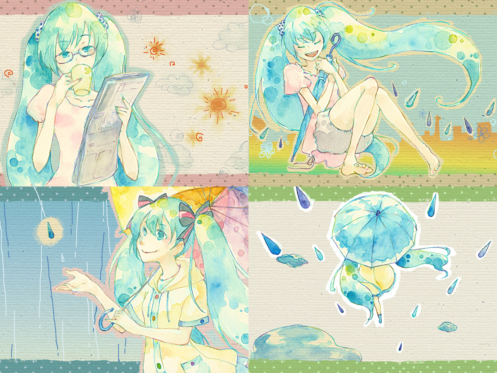 shou shishi, hatsune miku, melt (vocaloid), vocaloid, highres, painting (medium), traditional media, watercolor (medium), aqua hair, barefoot, casual, drinking, feet, glasses, long hair, newspaper, rain, raincoat, twintails, umbrella, very long hair