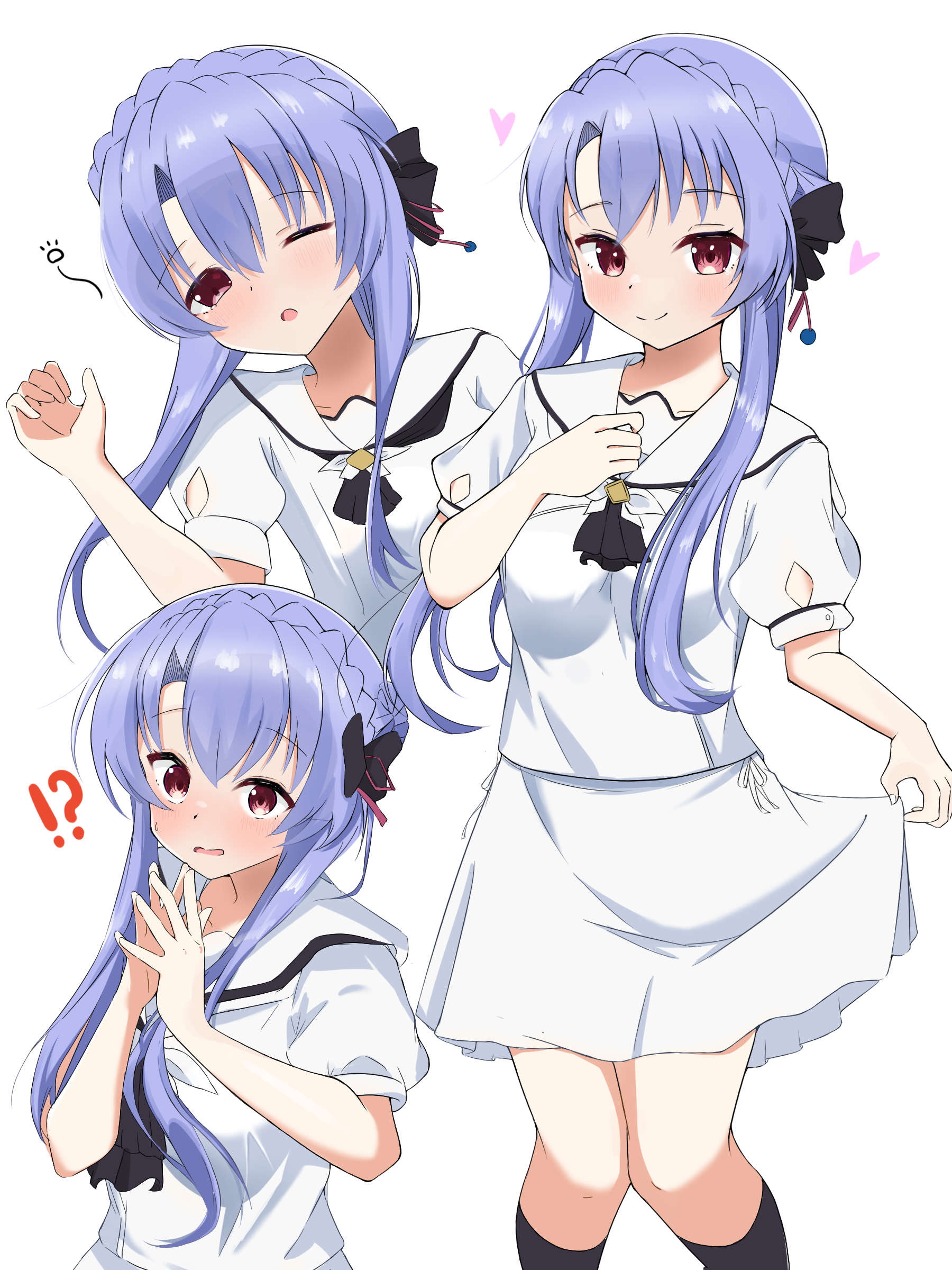 sorakado ao, summer pockets, absurdres, commentary request, highres, !?, 1girl, ;o, ascot, black ascot, black bow, black socks, blue hair, blush, bow, braid, closed mouth, crown braid, embarrassed, feet out of frame, hair between eyes, hair bow, hair ribbon, hand up, hands up, happy, heart, kneehighs, long hair, looking at viewer, miniskirt, multiple views, one eye closed, open mouth, own hands together, puffy short sleeves, puffy sleeves, red eyes, red ribbon, ribbon, sailor collar, school uniform, serafuku, shirt, short sleeves, sidelocks, simple background, skirt, skirt hold, sleepy, smile, socks, split mouth, squeans, standing, steepled fingers, straight hair, summer pockets school uniform, surprised, sweatdrop, syungoku4700, upper body, very long hair, white background, white sailor collar, white serafuku, white shirt, white skirt