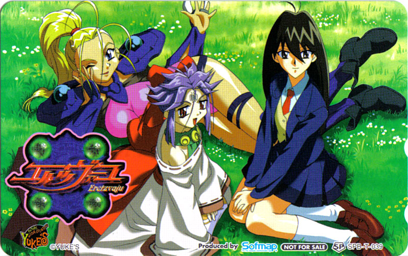 erel plowse, kakurine, setsuna saizuki, eretzvaju, bad tag, 1990s (style), 3girls, antenna hair, black eyes, black hair, blonde hair, blue eyes, breasts, card, facial mark, forehead mark, helmet, large breasts, long hair, lying, multiple girls, necktie, on side, one eye closed, ponytail, purple hair, red eyes, retro artstyle, school uniform, sitting, skirt, socks, thigh strap