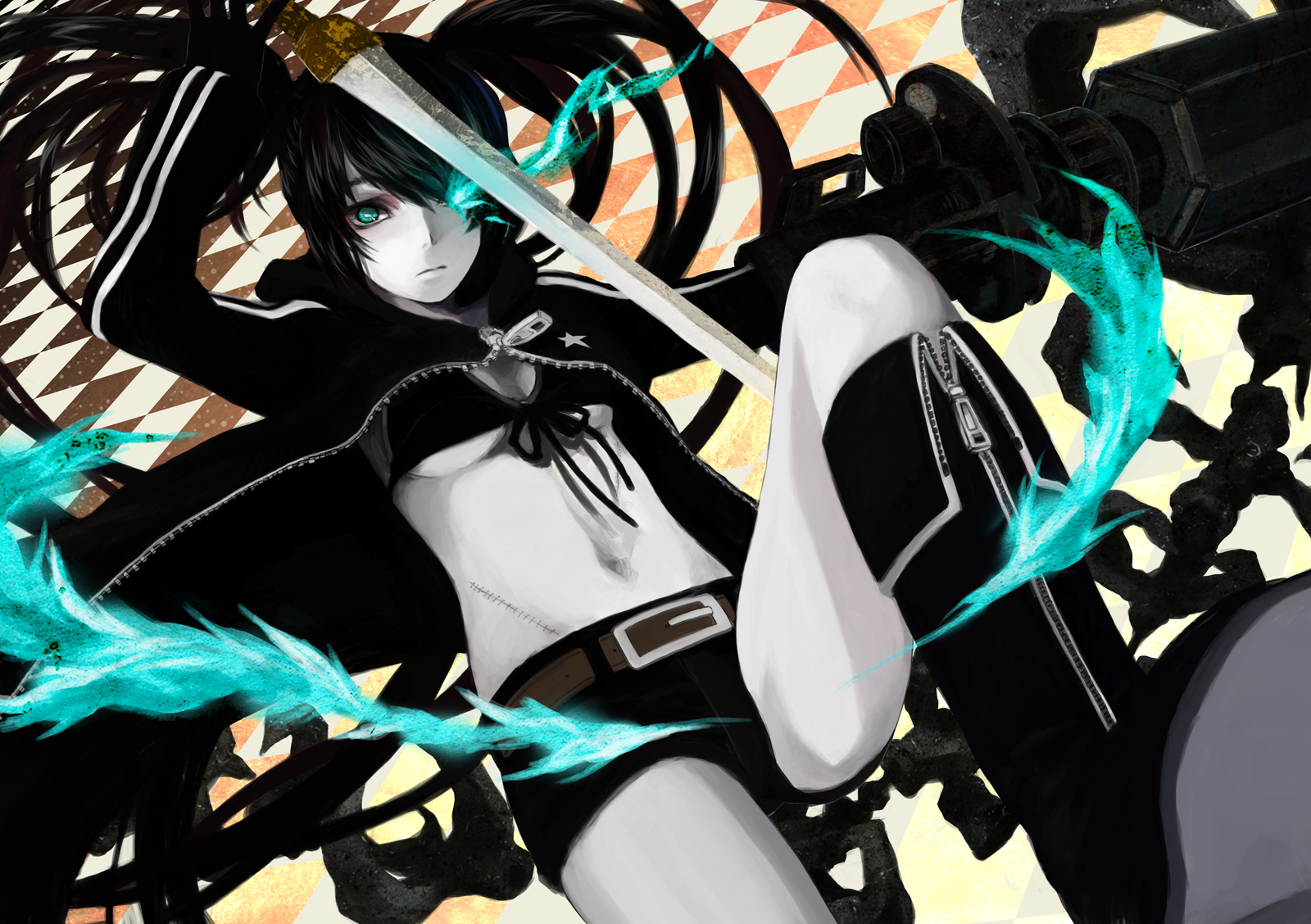 itoi, black rock shooter (character), black rock shooter, bad id, bad pixiv id, duplicate, highres, 10s, arm cannon, belt, boots, glowing, glowing eyes, scar, solo, sword, weapon