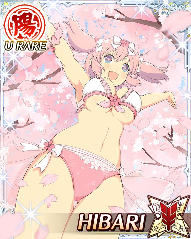 hibari (senran kagura), senran kagura, senran kagura new wave, game cg, official art, third-party source, + +, 1girl, :d, arms up, bikini, blue eyes, border, bow, breasts, card (medium), character name, cherry blossoms, cleavage, falling petals, flower-shaped pupils, from below, gluteal fold, hair bow, large breasts, looking at viewer, open mouth, outstretched arms, petals, pink bikini, pink bow, pink hair, pink petals, pink pupils, short twintails, skindentation, smile, solo, swimsuit, symbol-shaped pupils, twintails, underboob