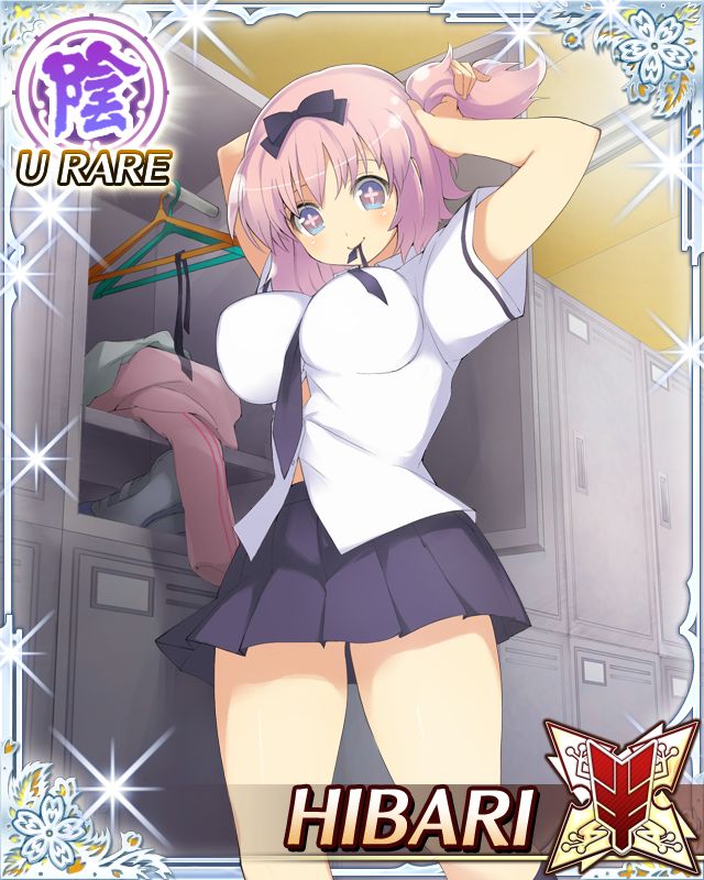 hibari (senran kagura), senran kagura, senran kagura new wave, game cg, official art, third-party source, + +, 1girl, adjusting hair, between breasts, blue eyes, blue necktie, blue skirt, border, bow, breasts, card (medium), character name, day, flower-shaped pupils, hair bow, hair tie in mouth, hanzou academy school uniform, large breasts, locker, locker room, mouth hold, necktie, necktie between breasts, pink hair, pink pupils, pleated skirt, school uniform, shirt, short twintails, skirt, smile, solo, symbol-shaped pupils, twintails, white shirt