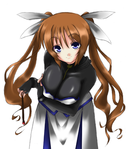 neo (tyottama), takamachi nanoha, takamachi nanoha (exceed mode), lyrical nanoha, mahou shoujo lyrical nanoha, mahou shoujo lyrical nanoha strikers, breast hold, lowres, 00s, 1girl, blue eyes, breasts, brown hair, female focus, large breasts, long hair, magical girl, purple eyes, solo, twintails