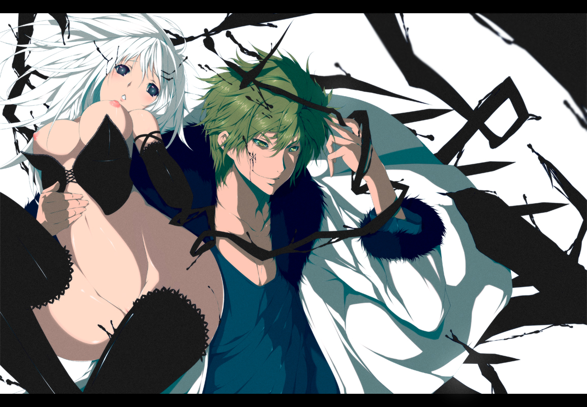 viola (seed), original, bad id, bad pixiv id, 1boy, 1girl, black eyes, blush, breasts, brown eyes, green hair, large breasts, letterboxed, long hair, nipples, short hair, smirk, thighhighs, white hair