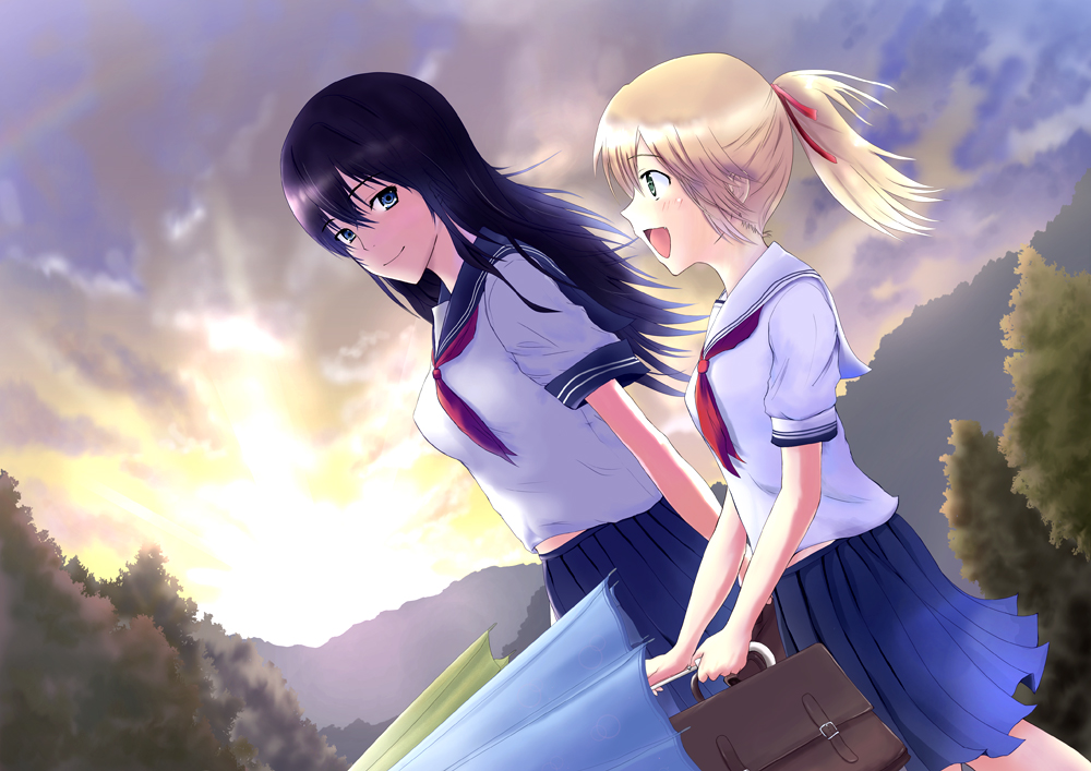 aotsu ni shi, 2girls, black hair, blonde hair, blue eyes, blush, green eyes, long hair, multiple girls, ponytail, school uniform, skirt