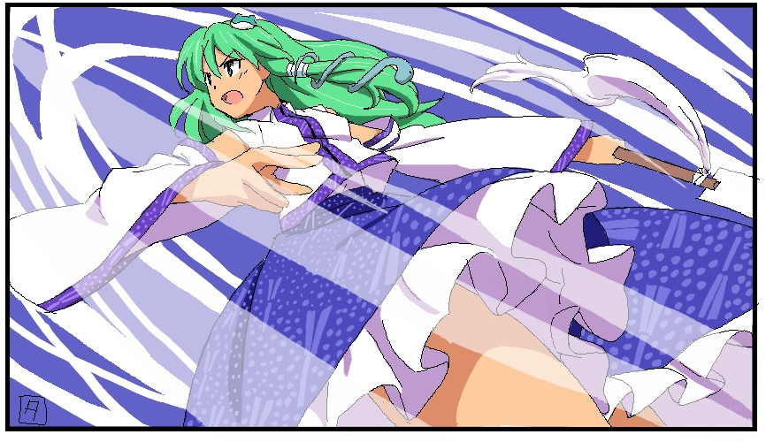 ikuya koimori, kochiya sanae, touhou, bad id, bad pixiv id, 1girl, detached sleeves, female focus, frog, green eyes, green hair, hair ornament, japanese clothes, miko, snake, solo