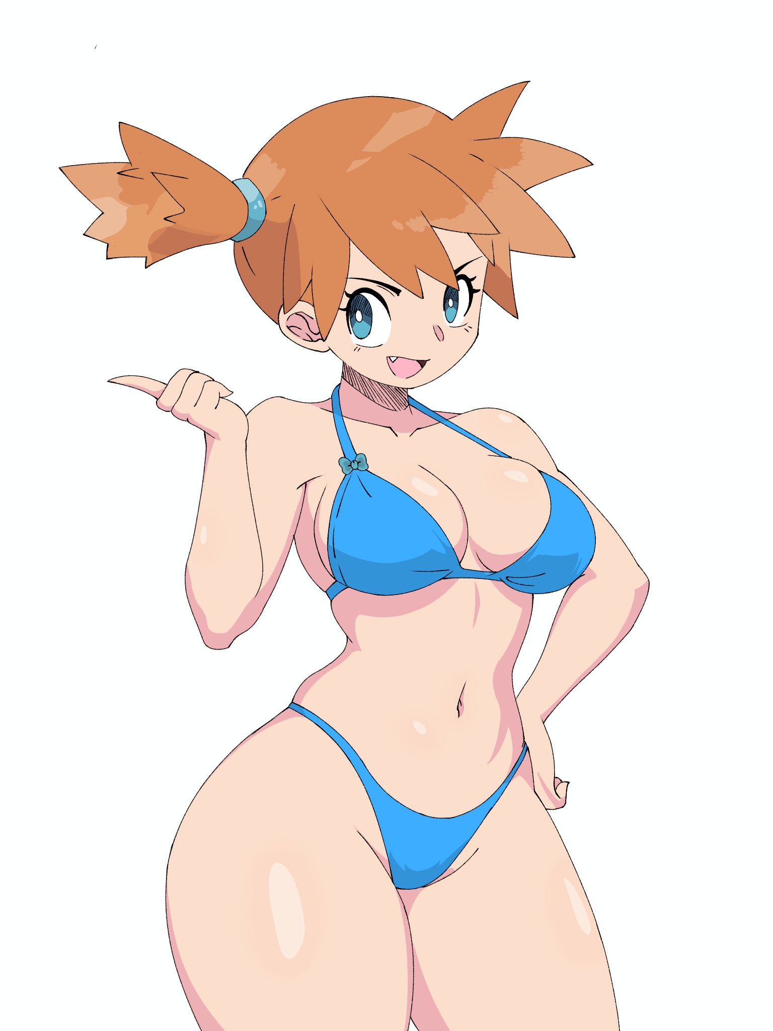 misty (pokemon), nintendo, pokemon, pokemon (anime), pokemon (classic anime), pokemon rgby, 1girl, :d, bikini, blue bikini, blue eyes, bocci, breasts, bright pupils, cleavage, collarbone, cowboy shot, fang, hand on own hip, hand up, index finger raised, large breasts, looking at viewer, medium breasts, navel, open mouth, orange hair, ponytail, short hair, side ponytail, simple background, smile, solo, swimsuit, thick thighs, thighs, white background, white pupils, wide hips