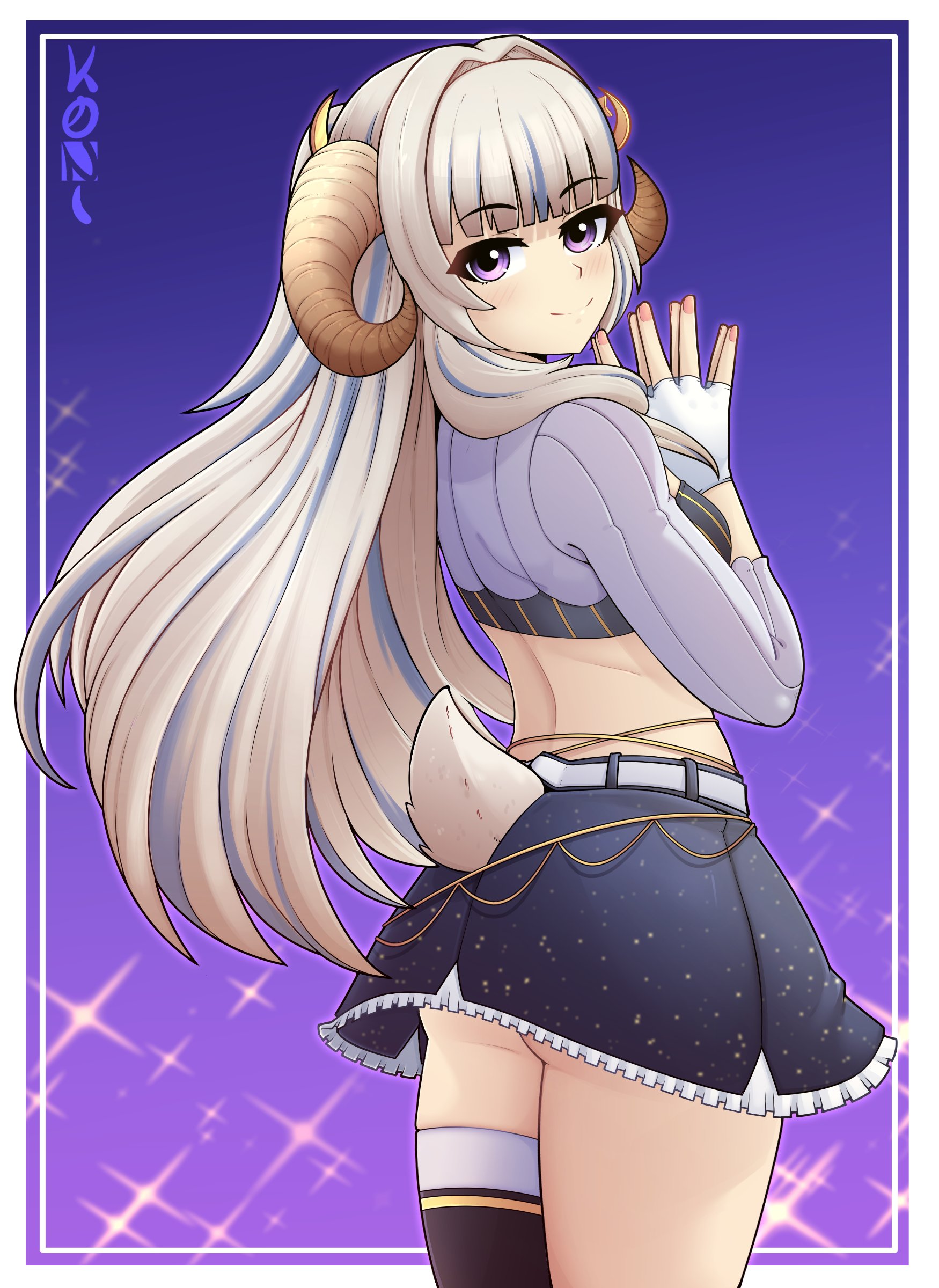 konan exe, aurora atria, lefolk, 1girl, artist name, black thighhighs, blue hair, blue skirt, blue tube top, breasts, closed mouth, curled horns, eyebrows hidden by hair, female focus, fingerless gloves, from behind, gloves, grey hair, hands up, horns, long hair, long sleeves, looking at viewer, looking back, midriff, multicolored hair, own hands together, purple background, purple eyes, purple shrug, sheep girl, sheep horns, sheep tail, shrug (clothing), simple background, single thighhigh, skirt, small breasts, smile, solo, standing, strapless, streaked hair, tail, thighhighs, tube top, two-tone hair, two-tone thighhighs, virtual youtuber, white gloves, white thighhighs