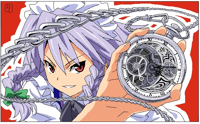 ikuya koimori, izayoi sakuya, touhou, silver hair, bad id, bad pixiv id, 1girl, braid, female focus, foreshortening, grin, hairband, oekaki, pocket watch, red eyes, short hair, smile, solo, tsurime, twin braids, watch