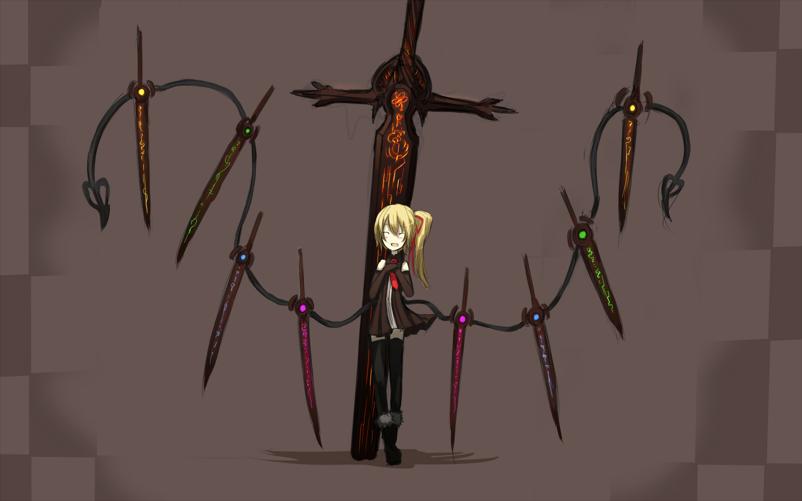 ganesagi, flandre scarlet, embodiment of scarlet devil, touhou, bad id, bad pixiv id, highres, 1girl, alternate costume, alternate wings, bare shoulders, blonde hair, elbow gloves, female focus, gloves, huge weapon, low wings, necktie, side ponytail, solo, sword, thighhighs, weapon, wings