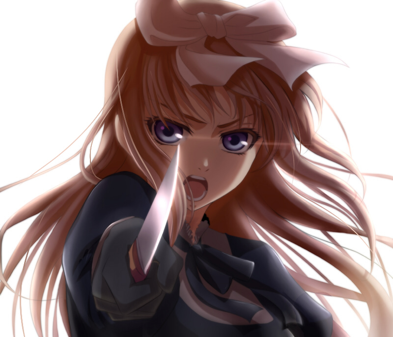 sasano shiki, belarus (hetalia), axis powers hetalia, bad id, bad pixiv id, 00s, 1girl, backlighting, blonde hair, blue eyes, female focus, hair ribbon, knife, long hair, outstretched arm, ribbon, solo, weapon