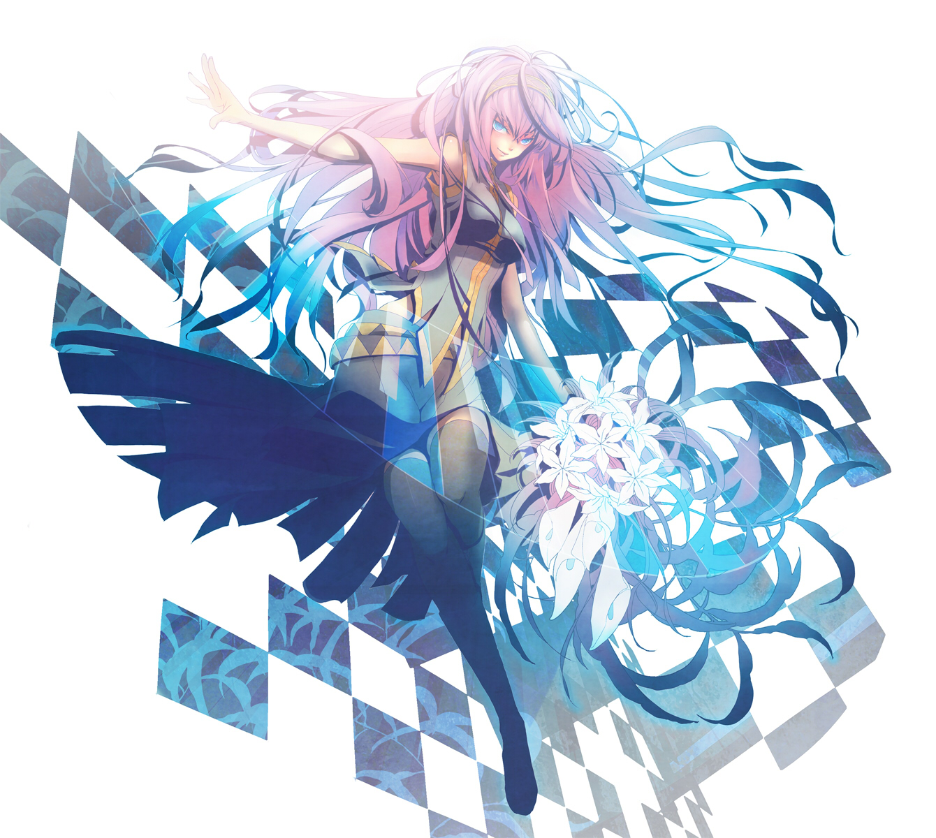 plastick, megurine luka, vocaloid, highres, 1girl, aqua eyes, boots, female focus, flower, legs, long hair, pink hair, solo, thighhighs