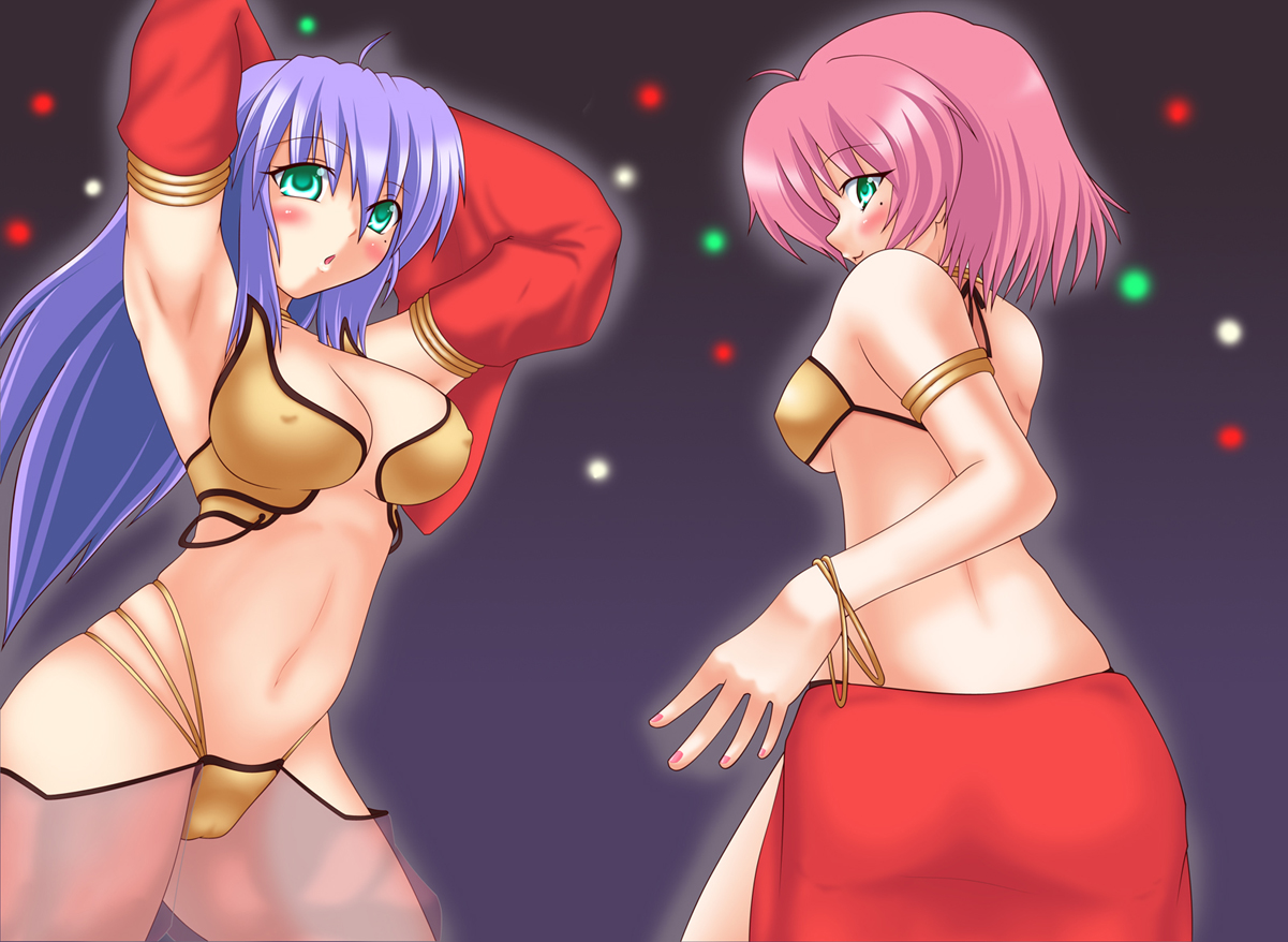 underring, dancer (ragnarok online), gypsy (ragnarok online), ragnarok online, 2girls, aqua eyes, armpits, arms up, blue hair, blush, bracelet, breasts, cleavage, covered erect nipples, dancer, detached sleeves, jewelry, large breasts, long hair, looking back, lots of jewelry, medium breasts, mole, mole under eye, multiple girls, nipples, pink hair, purple hair, see-through clothes, short hair, smile, underboob