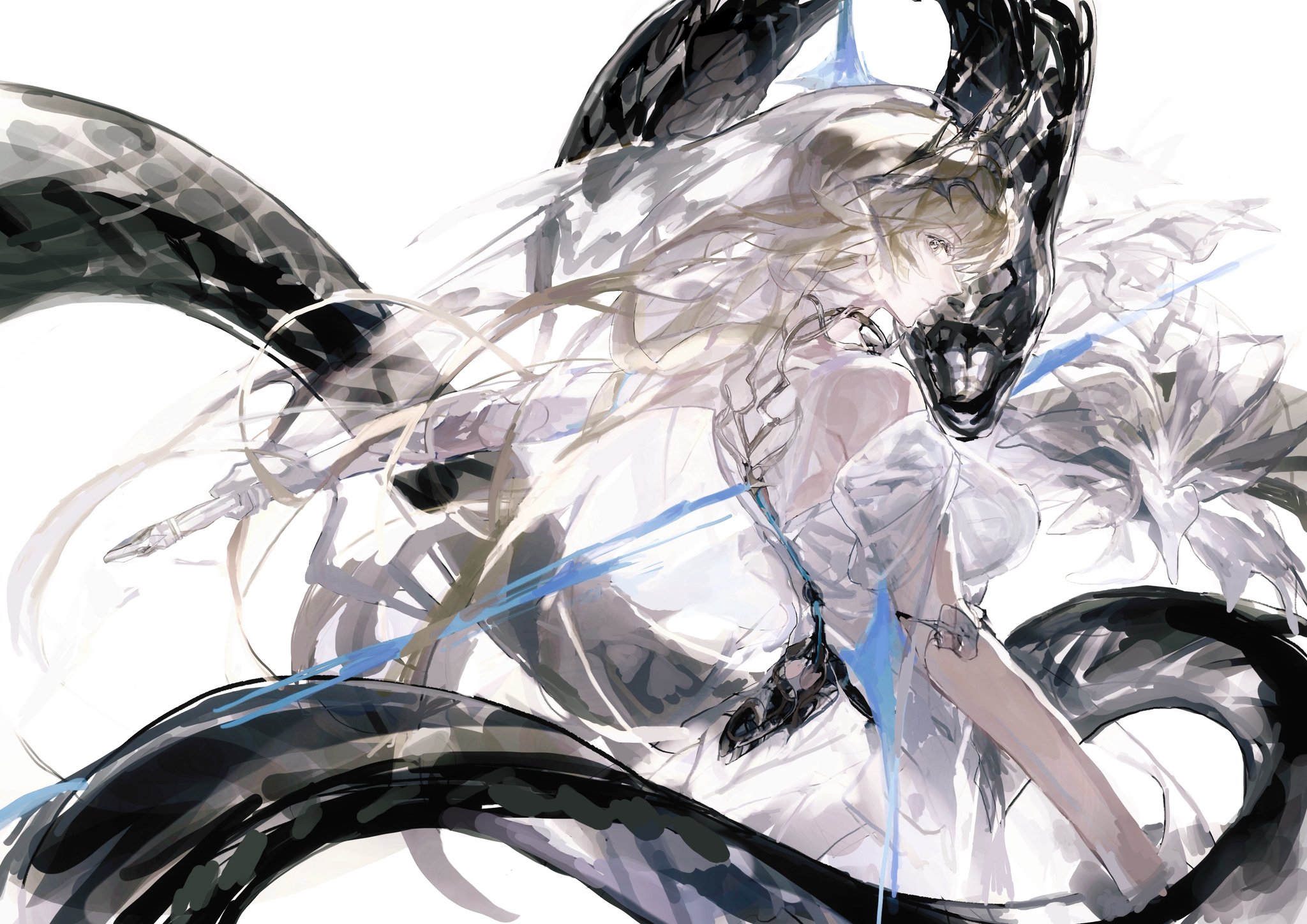 zhnjicis1676071, bianca: crepuscule (pgr), bianca (pgr), punishing: gray raven, commentary request, highres, 1girl, animal, blonde hair, breasts, dress, flower, holding, holding weapon, large breasts, long hair, looking at viewer, looking to the side, off-shoulder dress, off shoulder, see-through clothes, see-through veil, simple background, snake, solo, tiara, veil, weapon, white background, white dress, white flower
