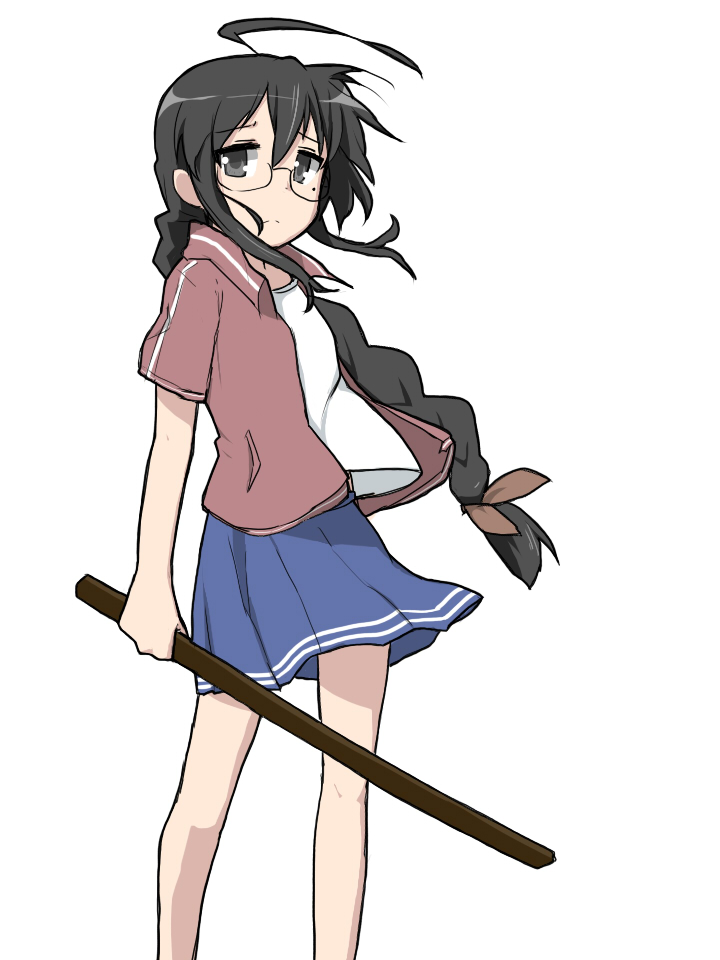 suzumiya annko, izumi konata, kurokona, lucky star, bad id, bad pixiv id, 00s, 1girl, ahoge, black eyes, black hair, bokken, braid, female focus, glasses, mole, mole under eye, solo, sword, weapon, wooden sword