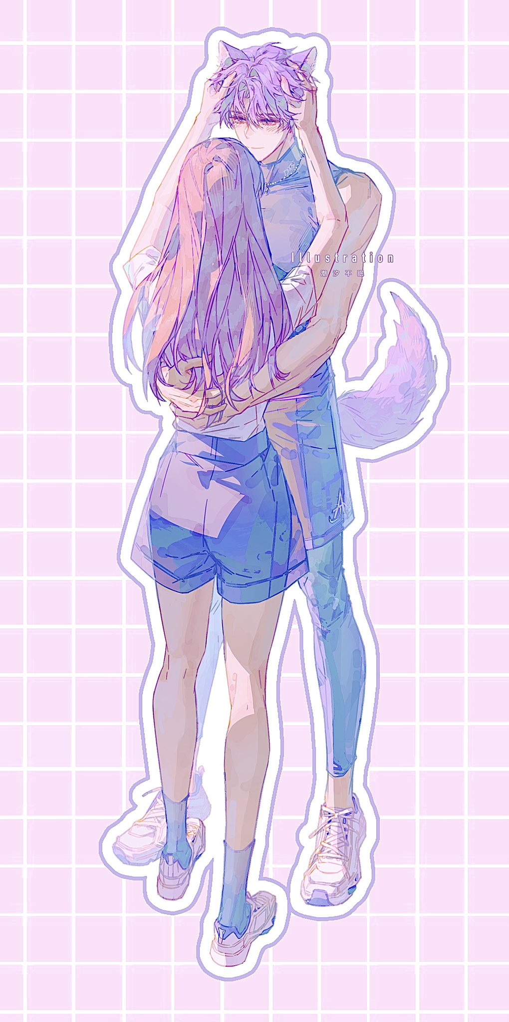chaoxibumian, protagonist (love and deepspace), rafayel (love and deepspace), love and deepspace, hashtag-only commentary, highres, 1boy, 1girl, animal ears, arms around waist, brown hair, cat boy, cat ears, cat tail, couple, full body, grid background, hair between eyes, hands in another's hair, hetero, kemonomimi mode, leggings under shorts, light blush, light smile, long hair, pink background, purple hair, shirt, shoes, short hair, shorts, sleeveless, sleeveless turtleneck, sneakers, socks, tail, turtleneck, white shirt