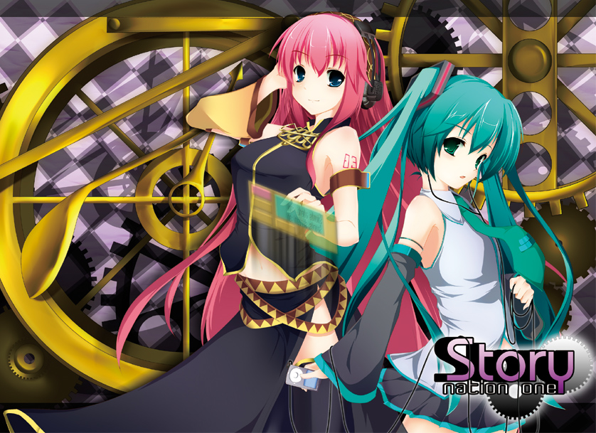 jum (artist), jum (parallel parasol), hatsune miku, megurine luka, vocaloid, 2girls, blue eyes, detached sleeves, green eyes, green hair, headset, long hair, multiple girls, necktie, pink hair, thighhighs, twintails, zettai ryouiki