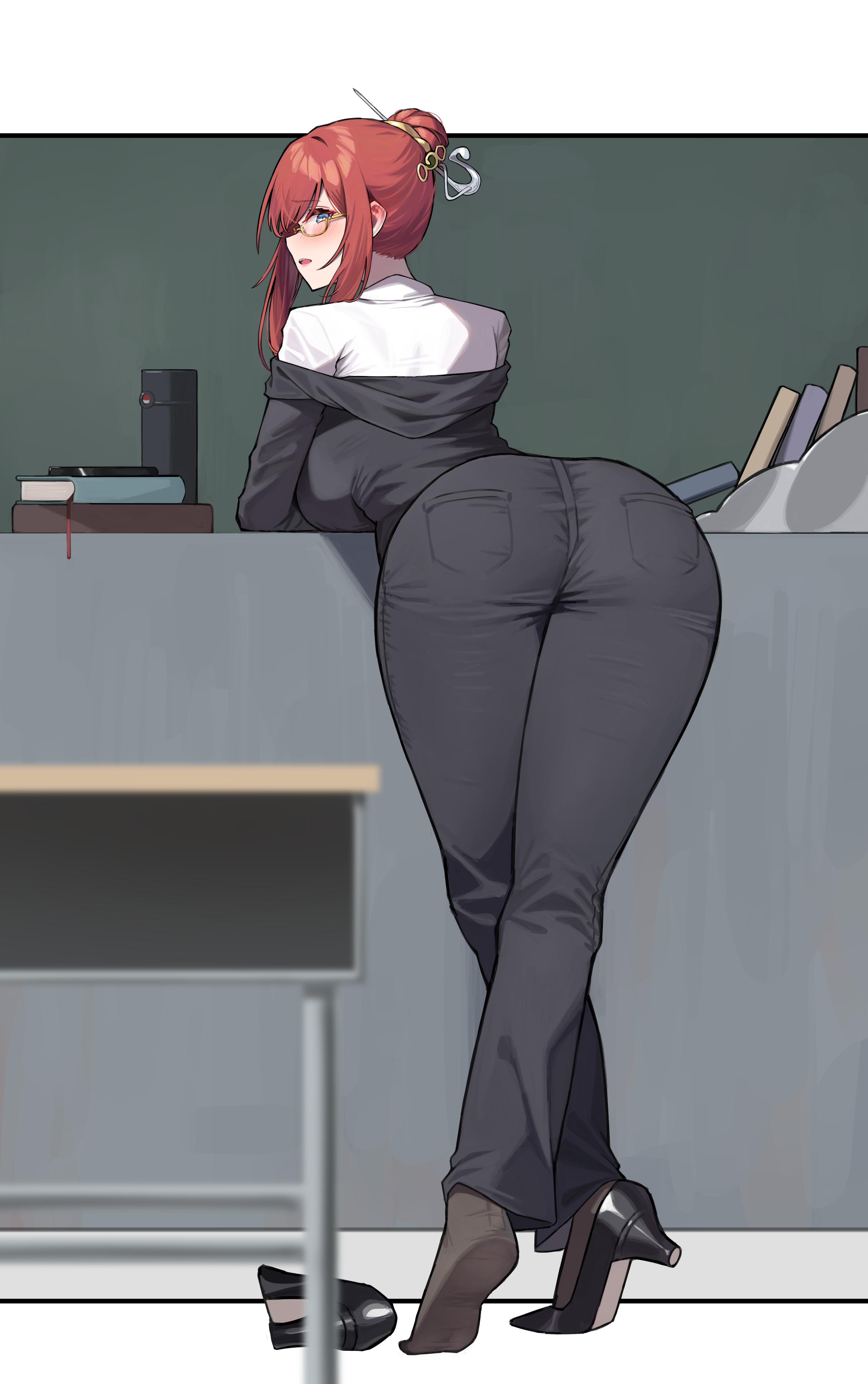 bairimeng, absurdres, commentary request, highres, 1girl, ass, bent over, black jacket, black pants, black shoes, blue eyes, blush, book, breasts, brown socks, desk, from behind, full body, glasses, hair bun, hair ornament, hair stick, high heels, jacket, large breasts, long sleeves, medium hair, off shoulder, pants, red hair, school desk, semi-rimless eyewear, shirt, shoes, sidelocks, single hair bun, socks, solo, thermos, under-rim eyewear, unworn shoes, white shirt, yellow-framed eyewear
