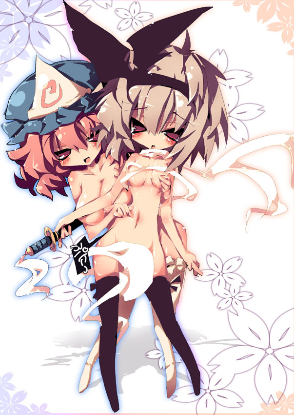 dango mushi, konpaku youmu, konpaku youmu (ghost), saigyouji yuyuko, touhou, silver hair, 2girls, blush, breasts, female focus, flower, hat, katana, multiple girls, nude, pink hair, plant, red eyes, sarashi, short hair, sword, thighhighs, weapon, white background