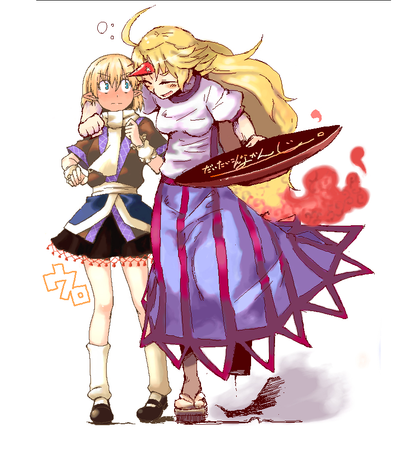 uro (urotanc), hoshiguma yuugi, mizuhashi parsee, touhou, 2girls, ahoge, arm warmers, blonde hair, blush, cup, female focus, full-face blush, geta, green eyes, horns, leaning on person, long hair, loose socks, mary janes, multiple girls, pointy ears, red eyes, sakazuki, scarf, shoes, short hair, single horn, socks, very long hair