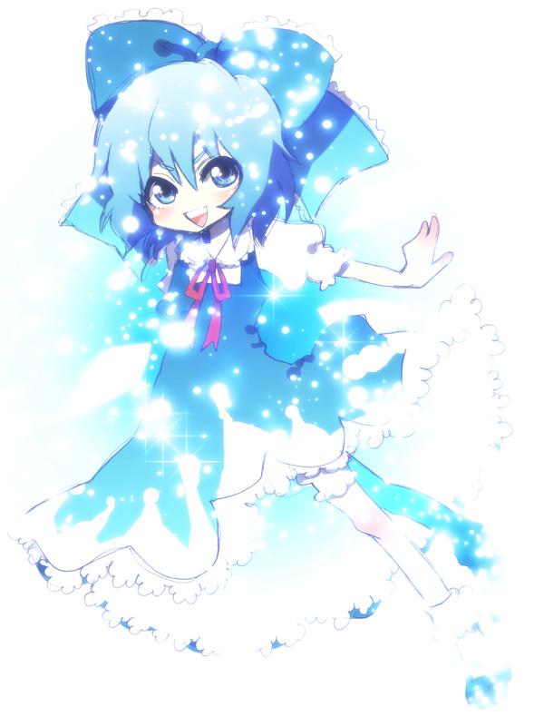 cirno, embodiment of scarlet devil, touhou, artist request, 1girl, blue eyes, blue hair, collared shirt, dress, female focus, hair between eyes, matching hair/eyes, pinafore dress, shirt, sleeveless, sleeveless dress, socks, solo, white socks