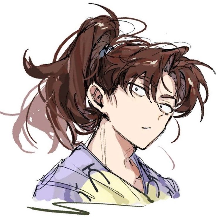 tyoookozuki, yamada rikichi, rakudai ninja rantarou, commentary request, 1boy, blue kimono, brown hair, high ponytail, japanese clothes, kimono, long hair, looking at viewer, male focus, multicolored kimono, parted bangs, parted lips, ponytail, portrait, simple background, sketch, solo, upper body, white background