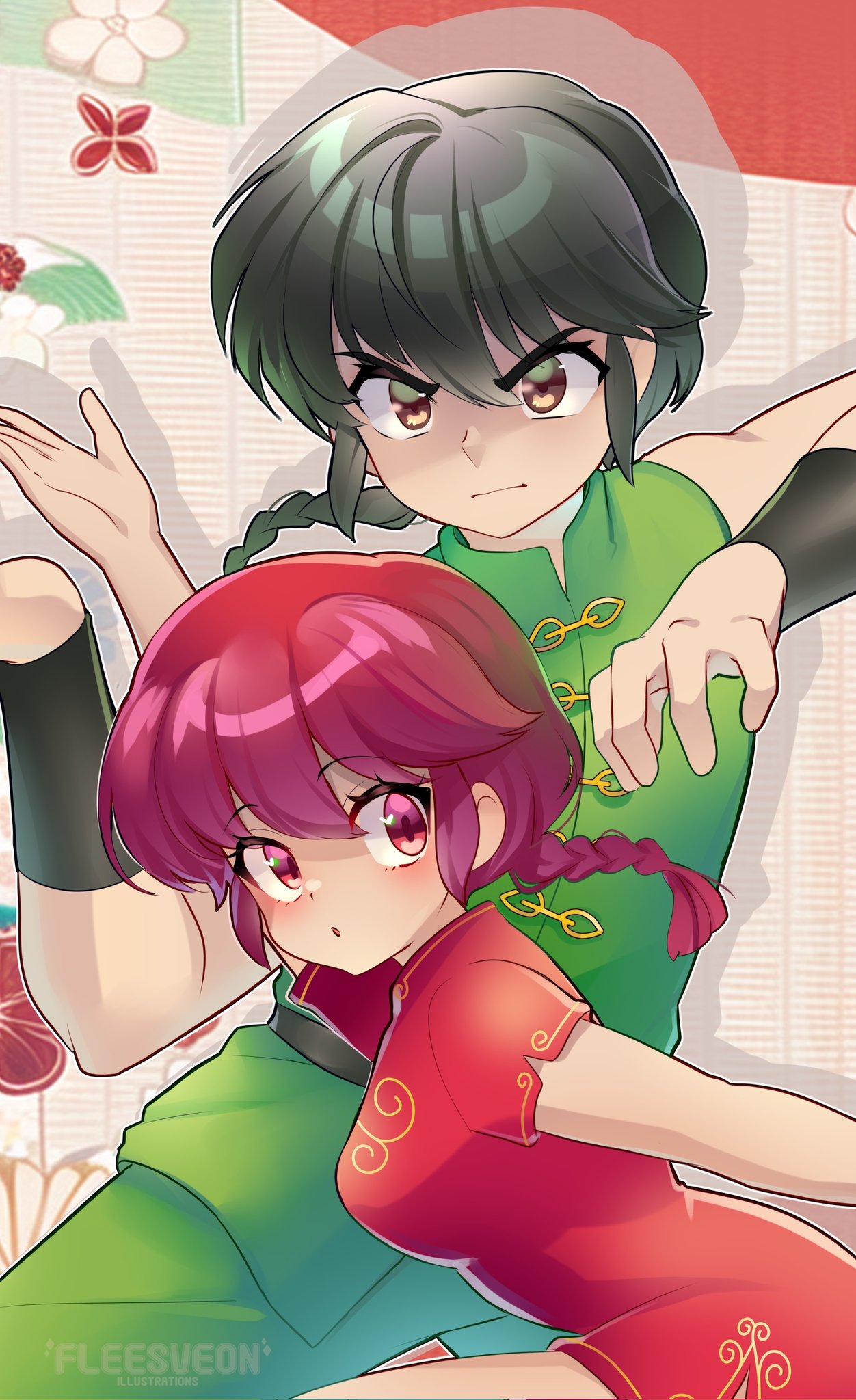 fleesveon, ranma-chan, saotome ranma, ranma 1/2, commentary, english commentary, highres, 1boy, 1girl, artist name, black hair, bracer, braid, breasts, brown eyes, china dress, chinese clothes, dress, fighting stance, furrowed brow, genderswap, genderswap (ftm), green pants, green shirt, hair between eyes, medium breasts, pants, red dress, red eyes, red hair, shirt, short sleeves, single braid, sleeveless, sleeveless shirt, upper body