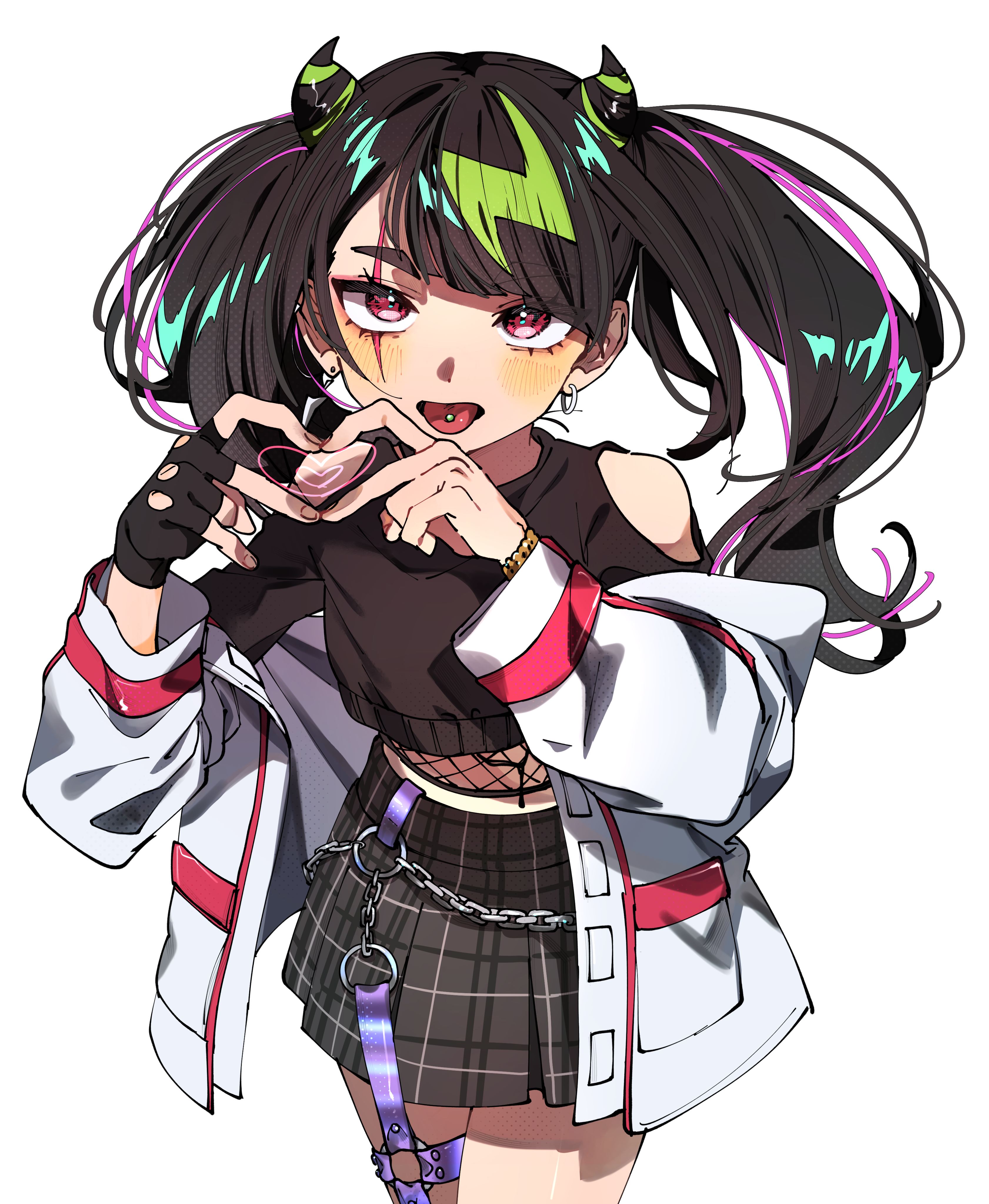 hyamoo, coqui saporana, 3am, absurdres, commentary, commission, english commentary, highres, second-party source, skeb commission, textless version, 1girl, aqua outline, bare shoulders, black gloves, black hair, black shirt, blush, bracelet, clothing cutout, cowboy shot, earrings, eyelashes, fingerless gloves, fingernails, four-finger heart hands, gloves, gold bracelet, green hair, grey skirt, hair horns, heart, heart hands, jacket, jewelry, long sleeves, multicolored hair, off shoulder, open clothes, open jacket, open mouth, outline, piercing, plaid clothes, plaid skirt, purple hair, red eyes, scar, scar across eye, scar on face, shirt, shoulder cutout, single fingerless glove, skirt, solo, streaked hair, thick eyebrows, tongue, tongue out, tongue piercing, transparent background, twintails, virtual youtuber, white jacket