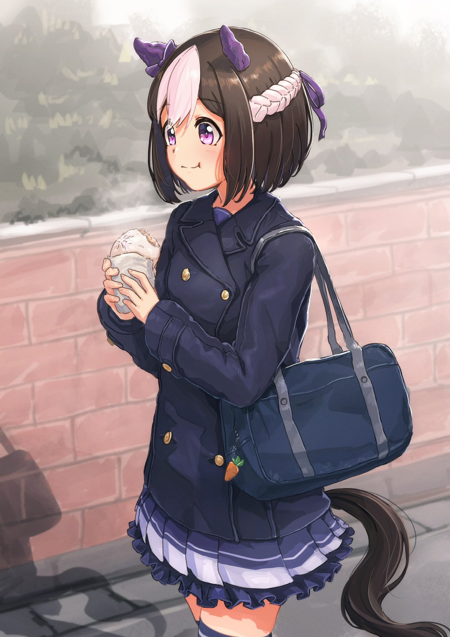 ponpochi, special week (umamusume), umamusume, hashtag-only commentary, highres, 1girl, animal ears, bag, bag charm, blue bag, blue coat, bow, brown hair, bush, buttons, charm (object), chewing, closed mouth, coat, cowboy shot, double-breasted, ear bow, ear covers, eating, food, frilled skirt, frills, hair ribbon, holding, holding food, horse ears, horse girl, horse tail, long sleeves, multicolored hair, outdoors, pleated skirt, purple bow, purple eyes, purple ribbon, purple skirt, ribbon, school bag, school uniform, shadow, short hair, skirt, smile, solo, steamed bun, streaked hair, tail, thighhighs, tracen school uniform, tracen winter coat, two-tone hair, white hair, zettai ryouiki