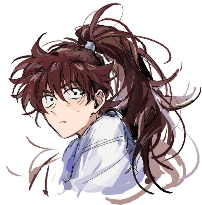 tyoookozuki, doi hansuke, rakudai ninja rantarou, commentary request, 1boy, ahoge, black eyes, blush, brown hair, hair between eyes, high ponytail, japanese clothes, kimono, long hair, looking at viewer, male focus, parted lips, ponytail, portrait, simple background, sketch, solo, sweatdrop, upper body, white background, white kimono