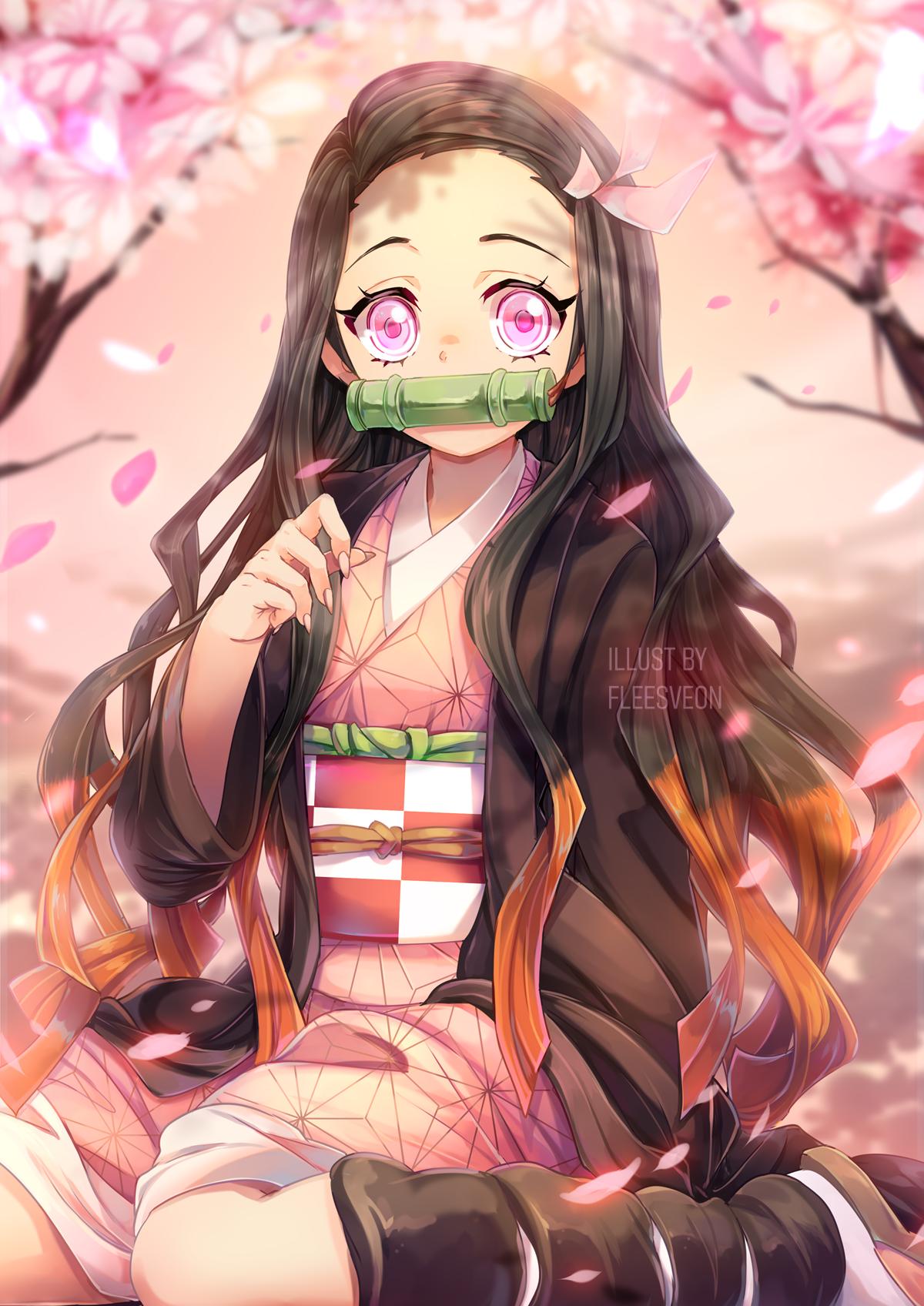fleesveon, kamado nezuko, kimetsu no yaiba, commentary, english commentary, highres, 1girl, artist name, bit gag, black hair, black haori, cherry blossoms, colored tips, falling petals, flower, gag, hair ribbon, haori, japanese clothes, kimono, kneeling, long hair, looking at viewer, multicolored hair, petals, pink eyes, pink flower, pink kimono, pink petals, pink ribbon, print kimono, red hair, ribbon, sandals, socks, solo, two-tone hair, white socks