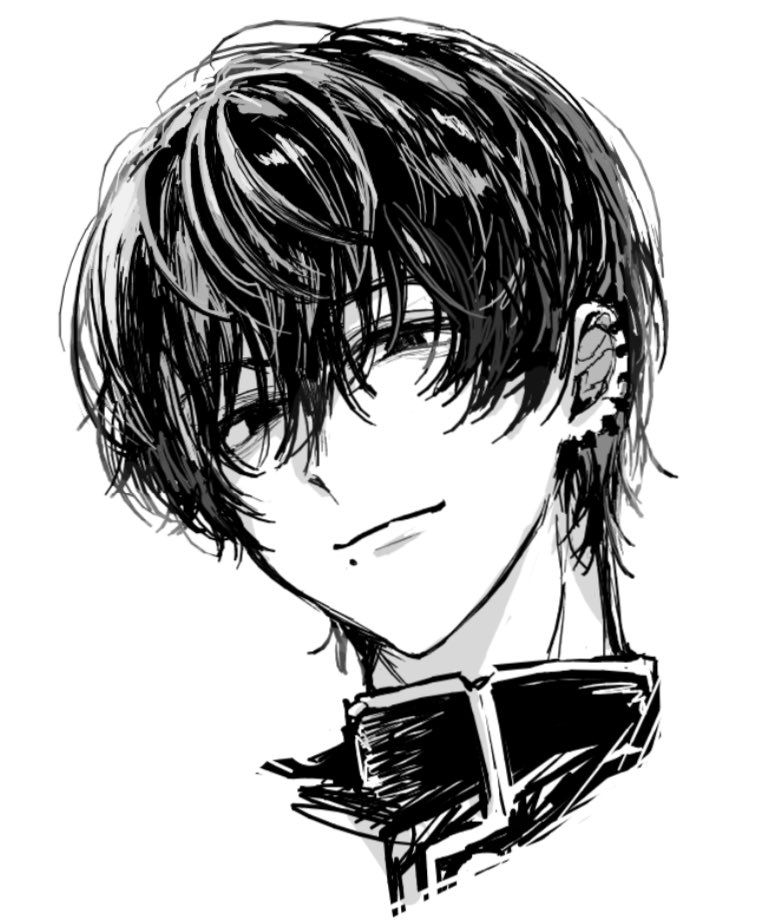 tyoookozuki, yoshida hirofumi, chainsaw man, commentary request, 1boy, closed mouth, ear piercing, earrings, greyscale, hair between eyes, high collar, jewelry, looking at viewer, male focus, mole, mole under mouth, monochrome, multiple piercings, piercing, portrait, short hair, simple background, sketch, smile, solo, turtleneck, white background