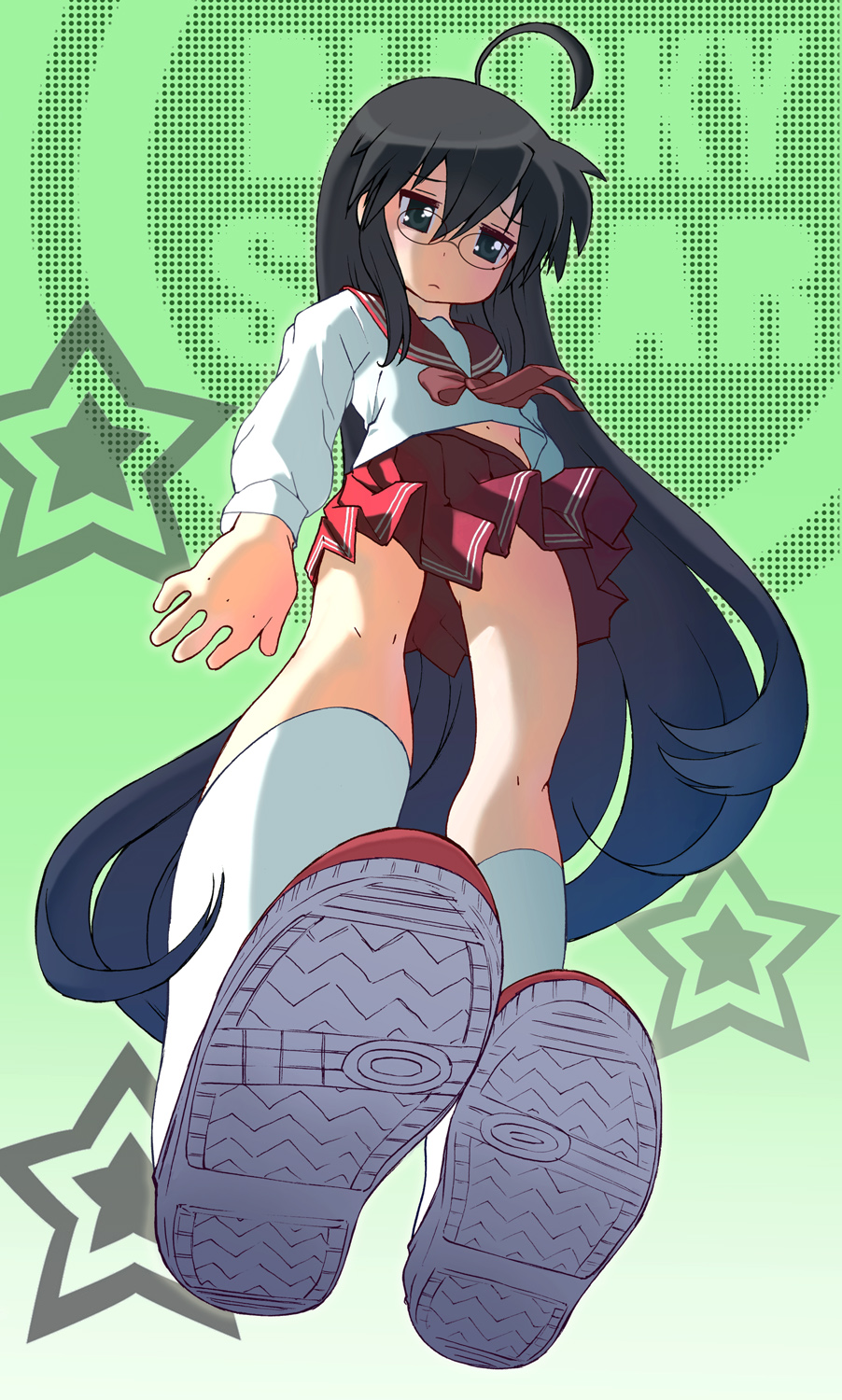 oono tsutomu, izumi konata, kurokona, lucky star, bad id, bad pixiv id, highres, 00s, 1girl, ahoge, black eyes, black hair, female focus, from below, glasses, legs, long hair, mole, mole under eye, school uniform, serafuku, shoes, solo, very long hair