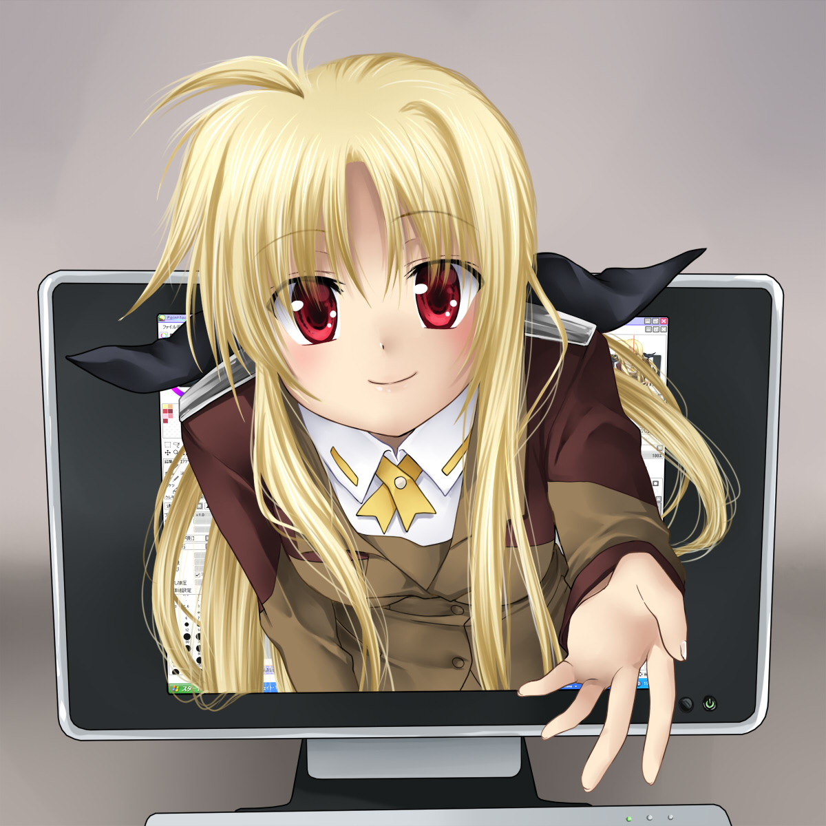 467 (artist), fate testarossa, lyrical nanoha, mahou senki lyrical nanoha force, mahou shoujo lyrical nanoha, mahou shoujo lyrical nanoha a's, mahou shoujo lyrical nanoha strikers, bad id, bad pixiv id, highres, 00s, 1girl, beckoning, blonde hair, blush, female focus, long hair, military, military uniform, red eyes, smile, solo, through medium, through screen