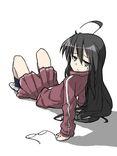 suzumiya annko, izumi konata, kurokona, lucky star, bad id, bad pixiv id, 00s, 1girl, ahoge, arm support, black eyes, black hair, female focus, glasses, looking back, mole, mole under eye, solo