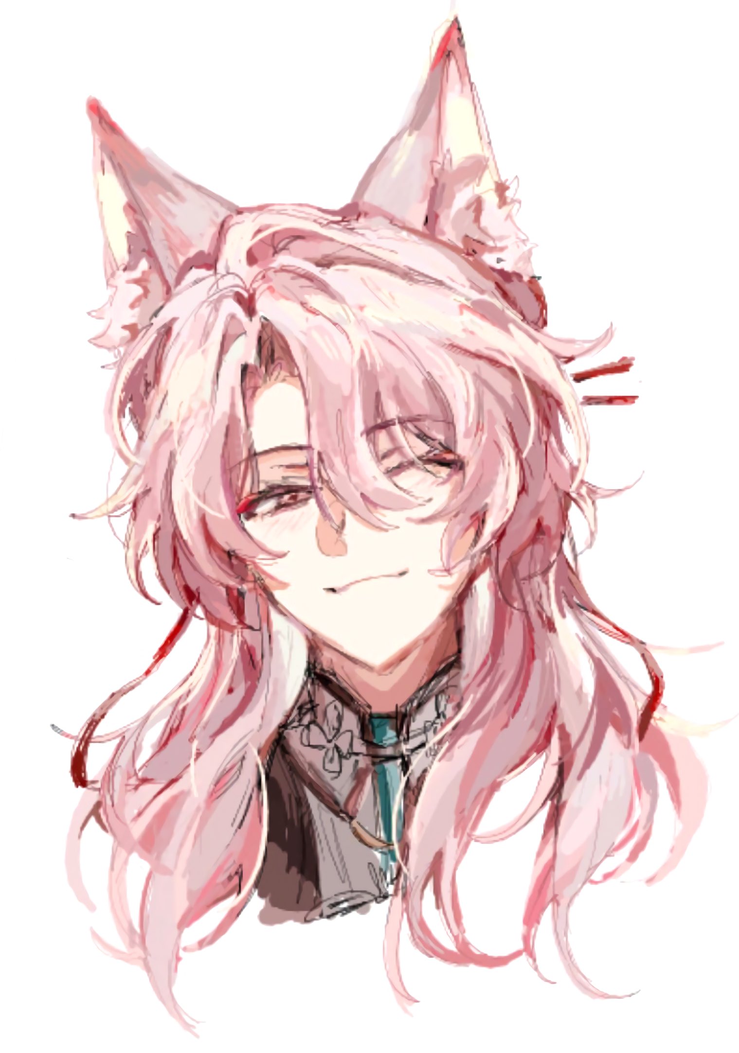 tyoookozuki, jiaoqiu (honkai: star rail), honkai: star rail, honkai (series), commentary, highres, symbol-only commentary, 1boy, animal ear fluff, animal ears, bishounen, chinese clothes, closed mouth, cropped shoulders, fox boy, fox ears, hair between eyes, hair ornament, hair ribbon, hair stick, half-closed eyes, long hair, looking at viewer, male focus, mandarin collar, one eye closed, pink eyes, pink hair, portrait, red ribbon, ribbon, shirt, simple background, smile, solo, white background