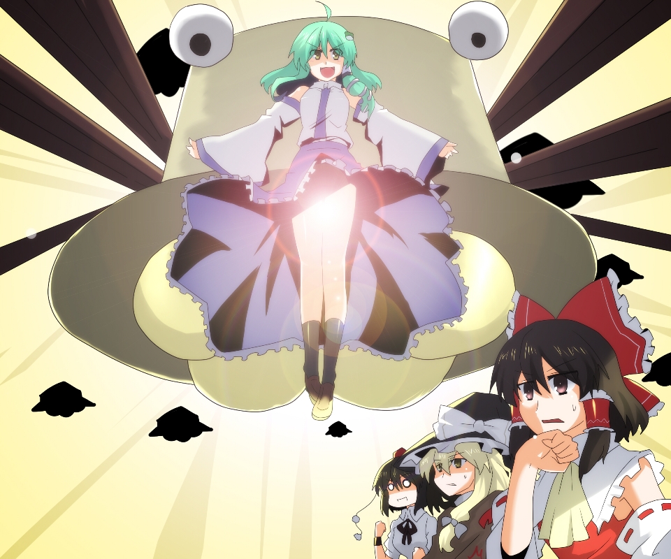 akatoro (nightlord), toro (pixiv), hakurei reimu, kirisame marisa, kochiya sanae, shameimaru aya, touhou, 4girls, black hair, blonde hair, bow, braid, censored, convenient censoring, detached sleeves, female focus, gaijin 4koma (meme), green eyes, green hair, hat, japanese clothes, lens flare, meme, miko, multiple girls, o o, ribbon, short hair, tokin hat, ufo, witch hat, yellow eyes