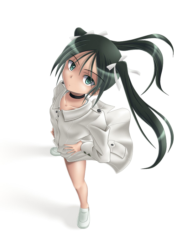 mushoku no hourousha, francesca lucchini, strike witches, world witches series, 00s, 1girl, black hair, choker, female focus, flat chest, from above, green eyes, green hair, hair ribbon, hands on own hips, long hair, looking up, matching hair/eyes, ribbon, solo, twintails