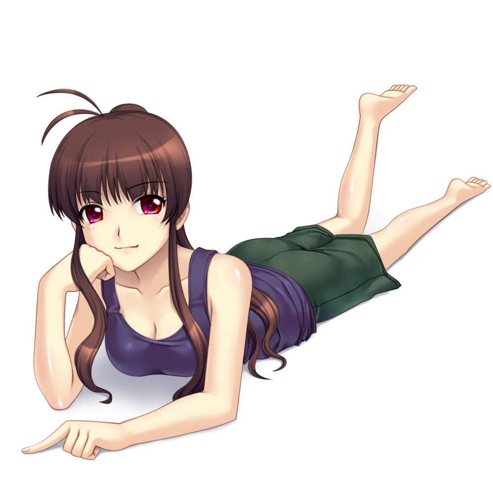 totokichi, hidaka mai, idolmaster, idolmaster dearly stars, bad id, bad pixiv id, 00s, 1girl, antenna hair, bare shoulders, barefoot, brown hair, female focus, long hair, lying, on stomach, ponytail, red eyes, solo