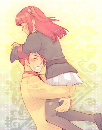 suzunoya, ushiromiya ange, ushiromiya battler, umineko no naku koro ni, lowres, 00s, 1boy, 1girl, armband, brother and sister, family bonding, formal clothes, hair bobbles, hair ornament, jacket, red hair, siblings, skirt, smile, suit, thighhighs