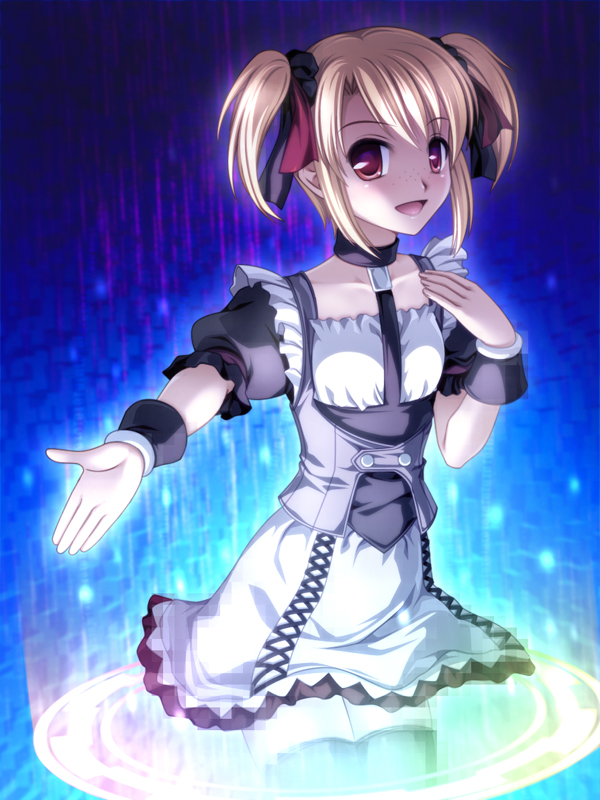 totokichi, suzuki ayane, idolmaster, idolmaster dearly stars, bad id, bad pixiv id, 00s, 1girl, blonde hair, dress, female focus, freckles, red eyes, solo, thighhighs, twintails, wrist cuffs