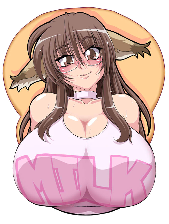 great magami, gureeto majin, yakibuta (shimapow), original, 1girl, animal ears, blush, breast mousepad, breasts, brown eyes, brown hair, cat ears, choker, female focus, glasses, huge breasts, large breasts, long hair, mousepad (medium), smile, solo, sweat, upper body