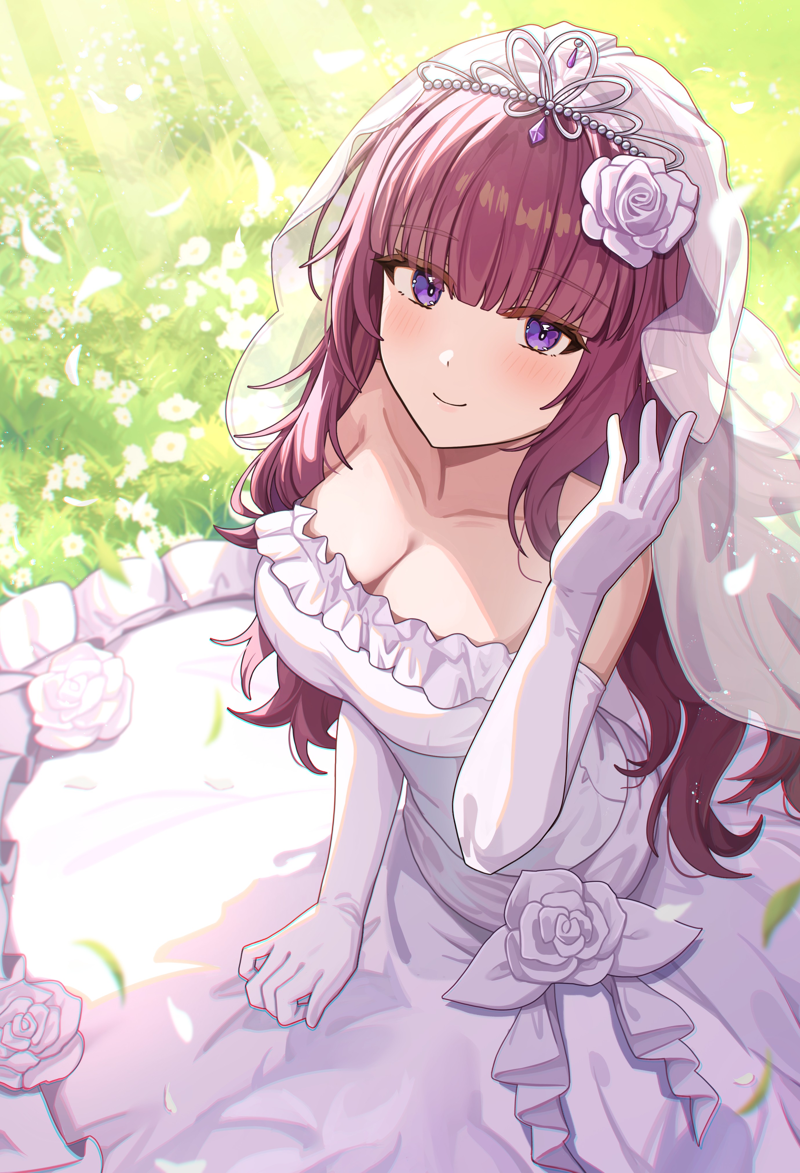 matsumoto yuu, eta (kagejitsu), kage no jitsuryokusha ni naritakute!, absurdres, commentary request, highres, 1girl, bare shoulders, breasts, bridal veil, bride, cleavage, closed mouth, dress, elbow gloves, elf, flower, gloves, hair flower, hair ornament, large breasts, looking at viewer, pointy ears, purple eyes, purple hair, smile, solo, veil, wedding dress, white dress, white gloves