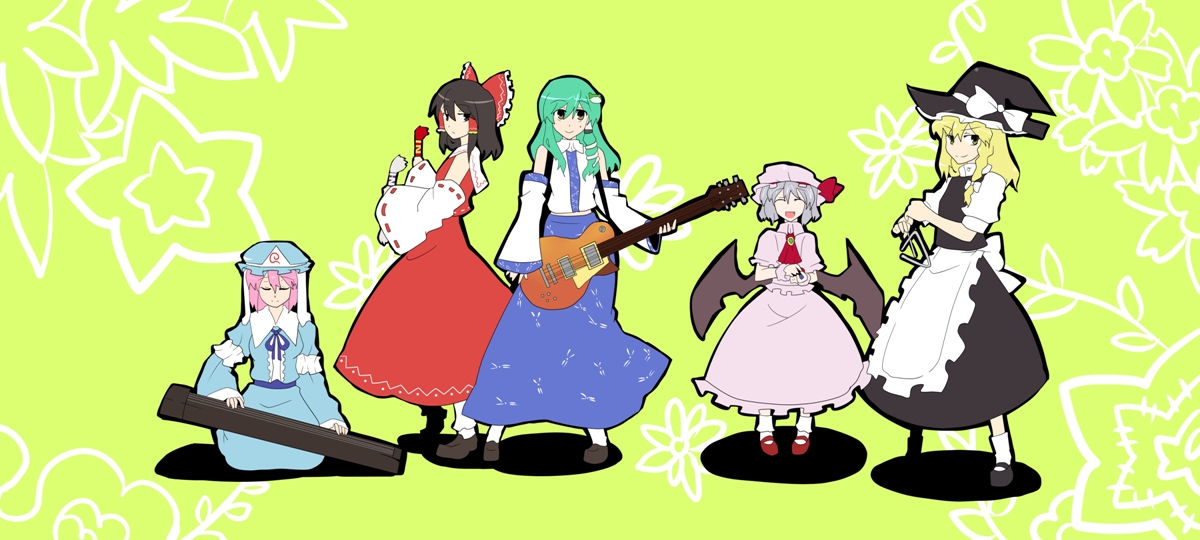 akatoro (nightlord), toro (pixiv), hakurei reimu, kirisame marisa, kochiya sanae, remilia scarlet, saigyouji yuyuko, touhou, light purple hair, 5girls, bat wings, blonde hair, bow, braid, brown hair, detached sleeves, dress, female focus, flat color, frog, full body, gibson les paul, green hair, guitar, hair ornament, hat, instrument, japanese clothes, miko, multiple girls, pink hair, short hair, skirt, snake, wings, witch, witch hat, yellow eyes