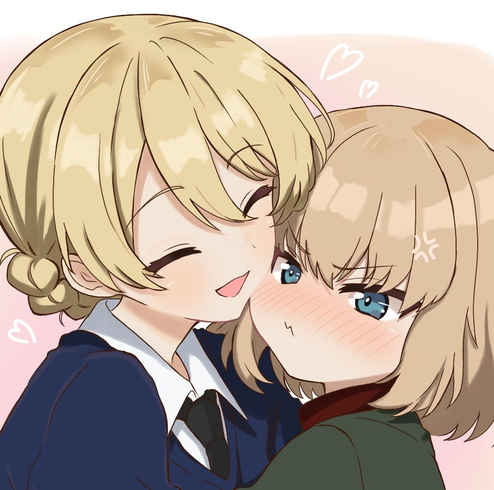 darjeeling (girls und panzer), katyusha (girls und panzer), girls und panzer, commentary request, 2girls, angry, black necktie, blonde hair, blue eyes, blue jacket, blush, closed eyes, embarrassed, hug, jacket, licoris miko, long hair, multiple girls, necktie, open mouth, pravda school uniform, red jacket, school uniform, shirt, short hair, size difference, st. gloriana's school uniform, upper body, white shirt